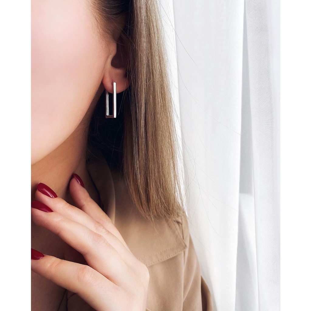 KHUYÊN TAI BẠC CALLA - Khóa chữ nhật l E020