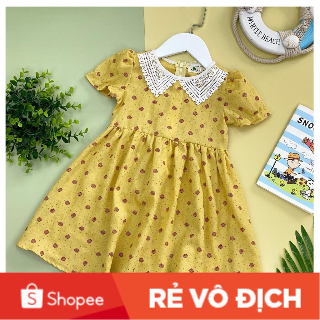 Váy thô đũi chấm bi phối cổ ren bé gái size 2-8, cho bạn từ 11-25kg. Chất thô đũi không nhăn, mặc siêu mát