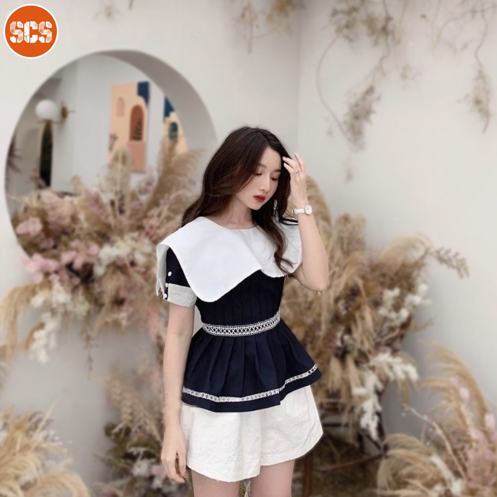 Áo peplum xanh phối trắng tiểu thư đẹp sang chảnh