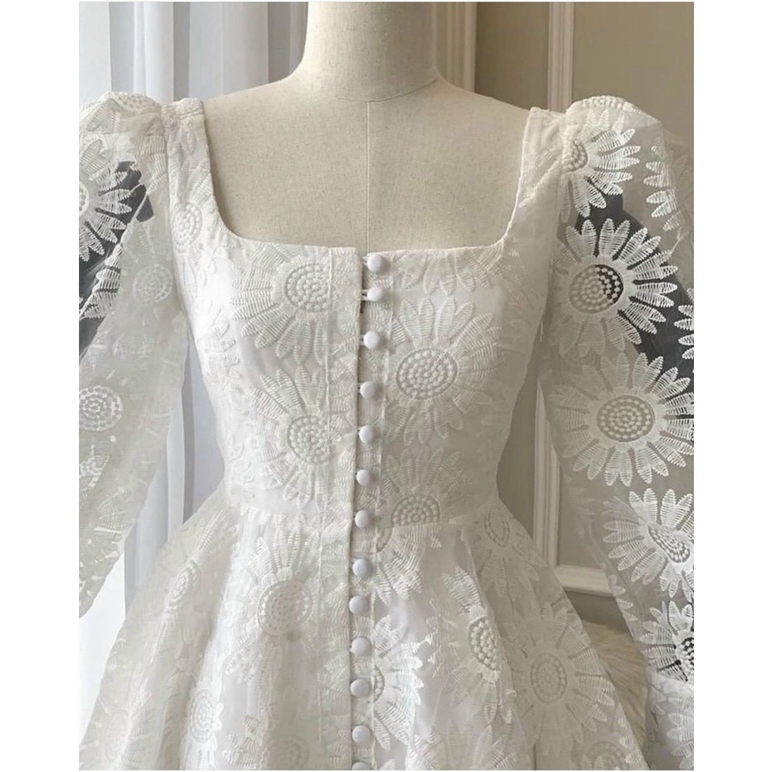 ĐẦM REN TRẮNG CỔ VUÔNG TIỂU THƯ