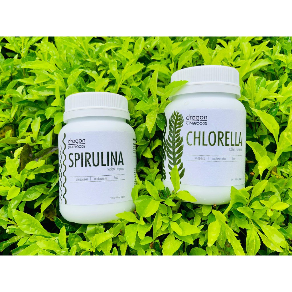 Tảo xoắn Spirulina/tảo lục Chlorella hữu cơ Dragon Superfoods dạng viên 200v