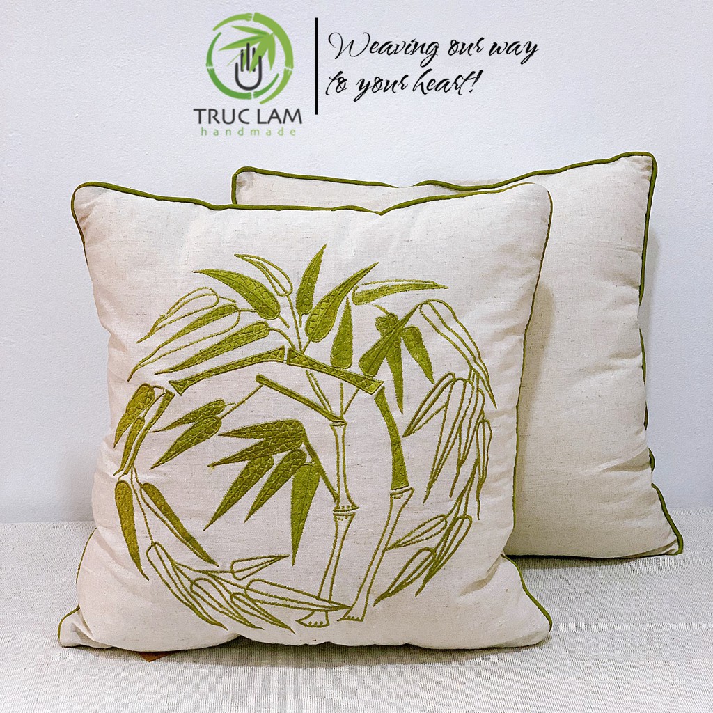 Gối/Vỏ Gối Vuông Tựa Lưng Sofa (45x45) Trang Trí Phòng  Vải Linen Thêu Thủ Công Hình Cành Tre - Trúc Lâm Handmade