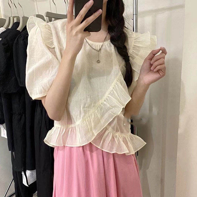 Áo Kiểu Tay Ngắn Phối Bèo Thời Trang Dành Cho Nữ