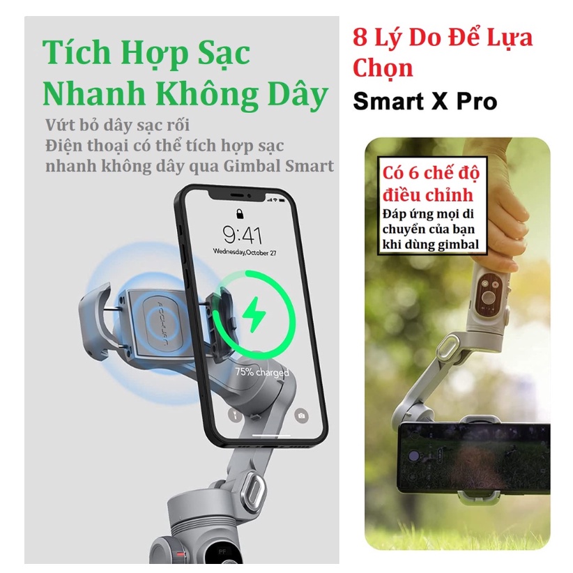 Gimbal Chống Rung Cho Điện Thoại - Gimbal SMART X PRO - Tích hợp sạc không dây - Pin 3200 mAh - Đèn Led Trợ Sáng