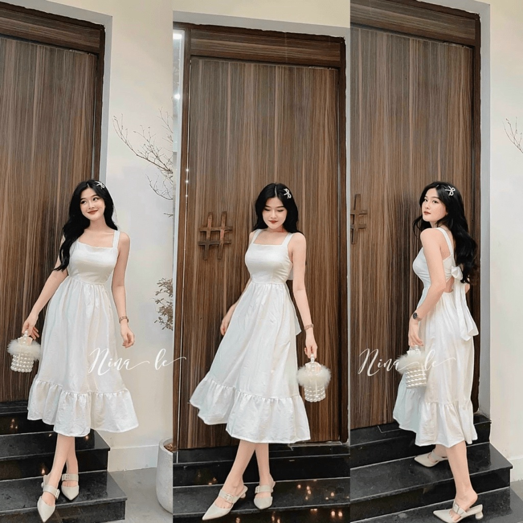 Đầm 2 Dây To Bán Màu Trắng Bèo Tầng Chất Lụa Có Mút Mặc Đẹp Tôn Dáng [NEW UNISEX]