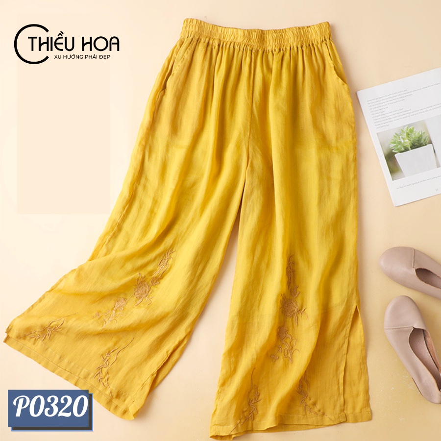 Quần linen thêu trung niên Thiều Hoa cực mát, cực đẹp phối đồ siêu dễ P0320
