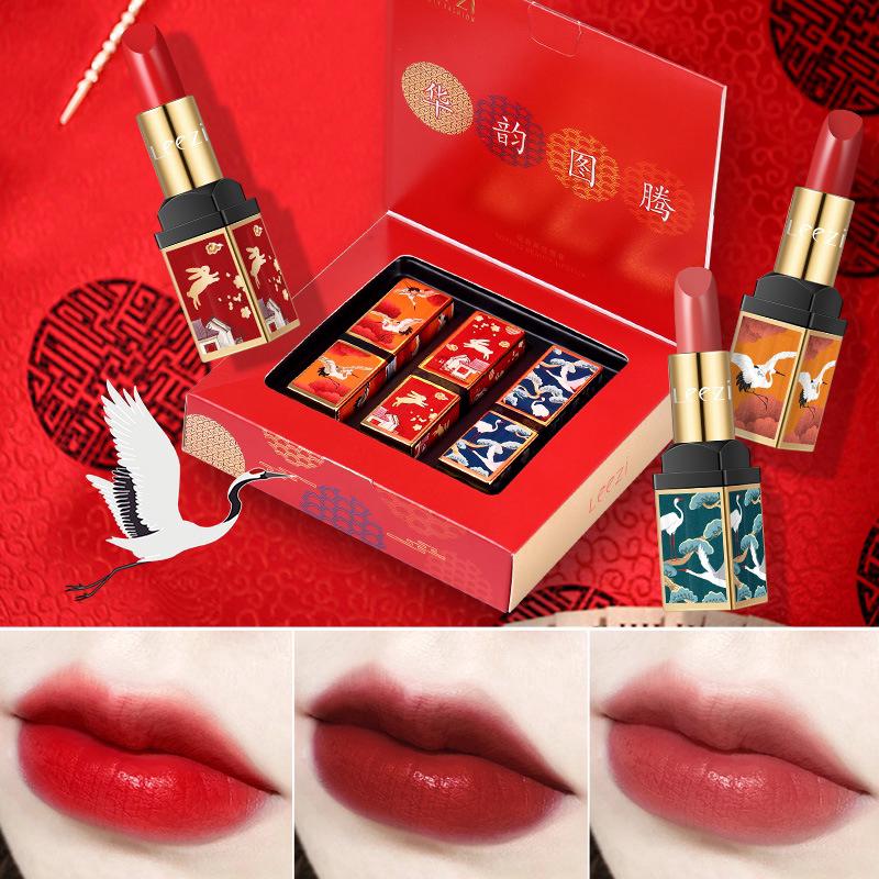 [Hàng mới về] Set son môi LEEZI vỏ họa tiết tử cấm thành Trung Hoa dưỡng ẩm chống nước lâu trôi xinh xắn