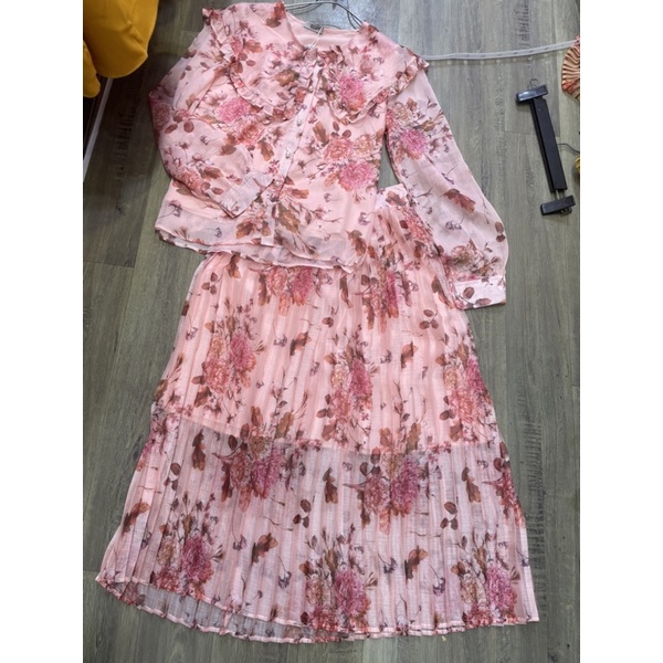 Set váy hoa chân váy dập ly vintage sang chảnh vy fashion