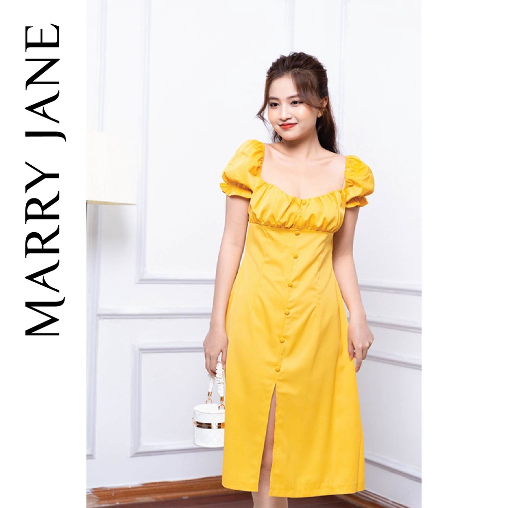 Đầm cổ vuông nhún ngực MARRY JANE V30272 nhấn cúc dọc, thiết kế xẻ tà trước