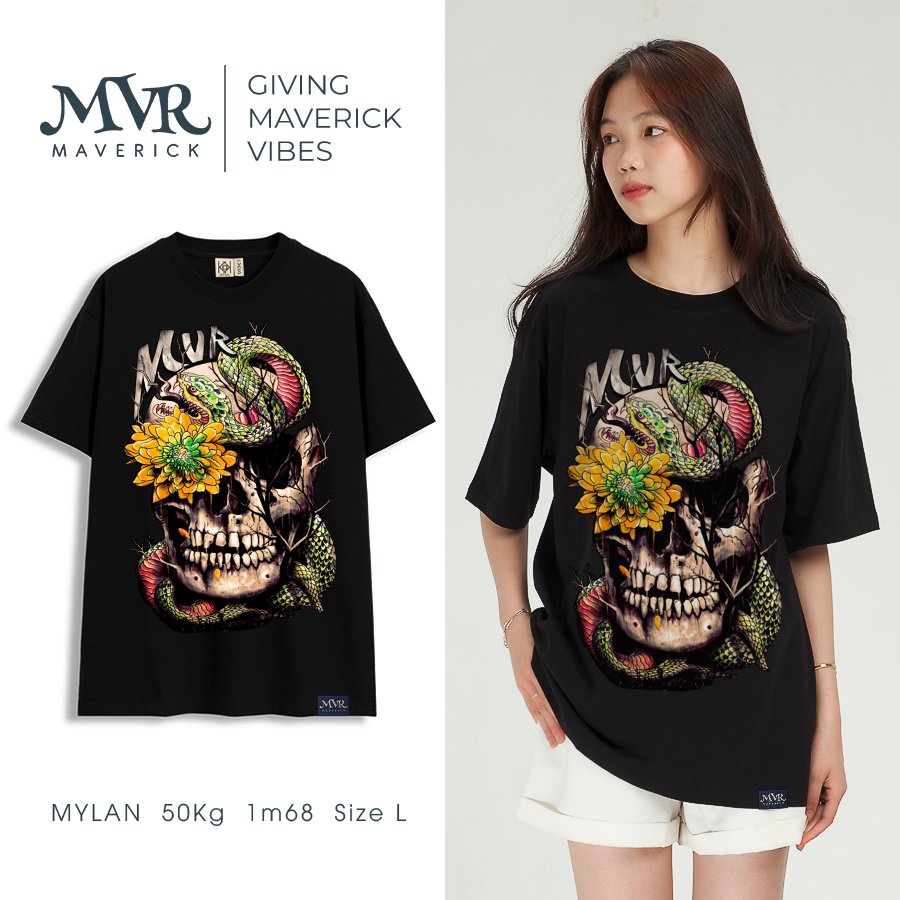 Áo thun trắng tay lỡ Con rắn đầu lâu bông hoa nhật bản MVR size rộng tee Mỹ BB4084