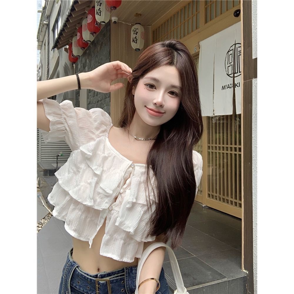 Áo kiểu COZOKC vải chiffon tay ngắn phồng trễ vai phối bèo nhún thời trang dành cho nữ
