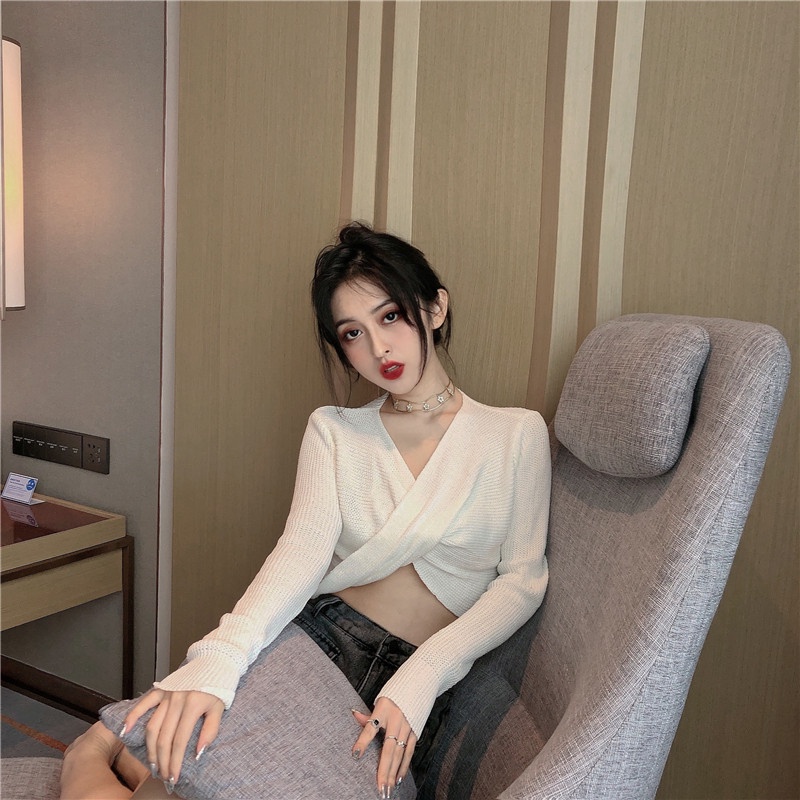 Áo dệt kim ZHELIHANGFEI tay dài lưng cao thiết kế dây đan chéo phong cách quyến rũ