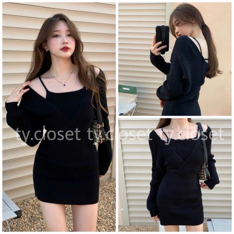 Đầm yếm body thun gân len phối kiểu cổ yếm tay dài