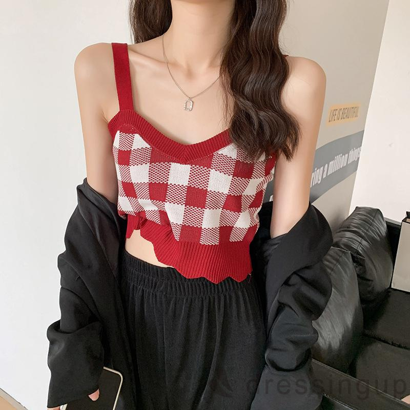 Áo Croptop Dệt Kim Không Tay Cổ Chữ V In Họa Tiết Caro Cổ Điển Dành Cho Bạn Nữ