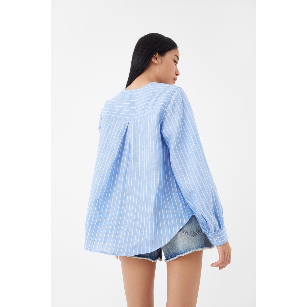 TheBlueTshirt - Áo Sơ Mi Nữ Vải Lanh Xanh Dương Sọc Trắng - Earth Linen Shirt - 100% Linen Blue Stripe