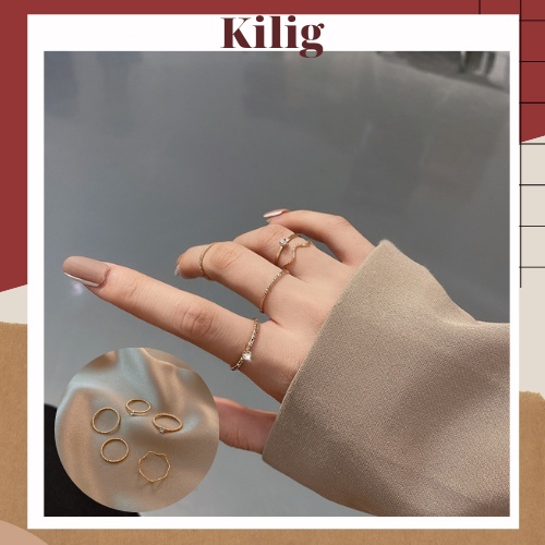 Set nhẫn,bộ 5 nhẫn trơn thanh lịch kilig.accessories NH002