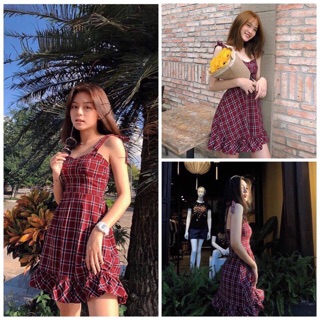 [Hàng Mới] [HoT] [Giá Rẻ] Đầm hai dây caro đỏ đuôi cá