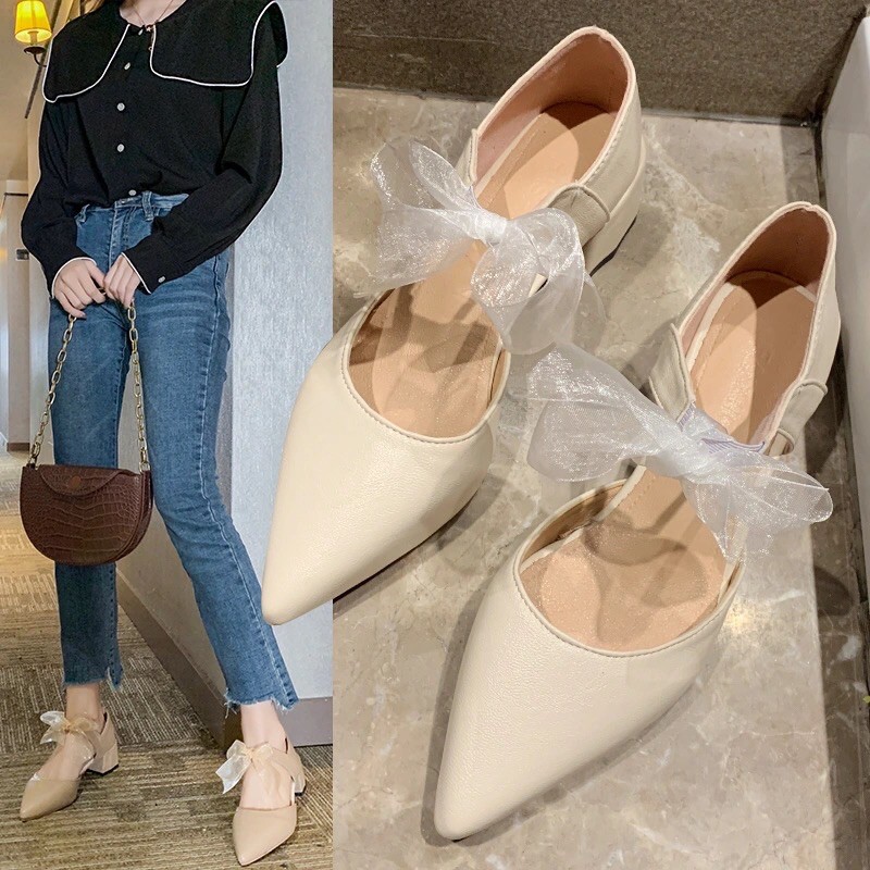 Giày mũi nhọn quai nơ gót vuông 3cm