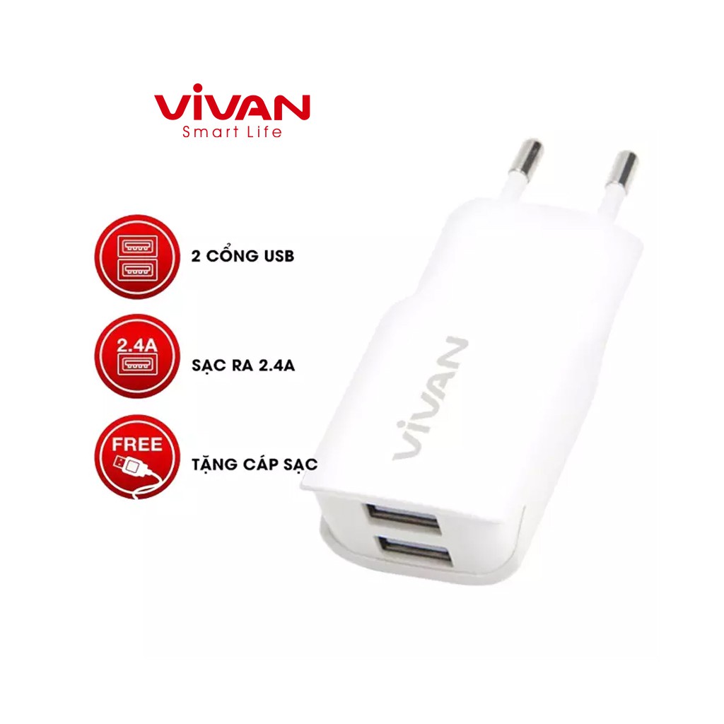 Cốc Sạc VIVAN 2 cổng kết nối USB 2.4A kèm dây cáp Micro 1m - DD01