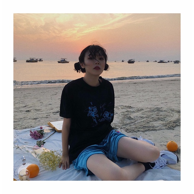 Áo Thun Tay Ngắn Dáng Rộng Hoạ Tiết Hoa Phong Cách Hàn Quốc