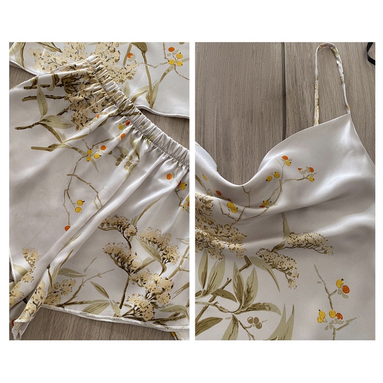 Bộ Đồ Ngủ 4 Món Bằng Lụa Mát In Họa Tiết Thời Trang Quyến Rũ Cho Nữ