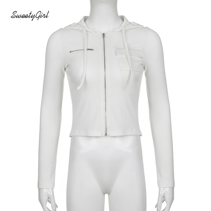 MsMona Áo Hoodie Tay Dài Dáng Ôm Màu Trắng Trơn Có Khóa Kéo Thời Trang 2022 Cho Nữ