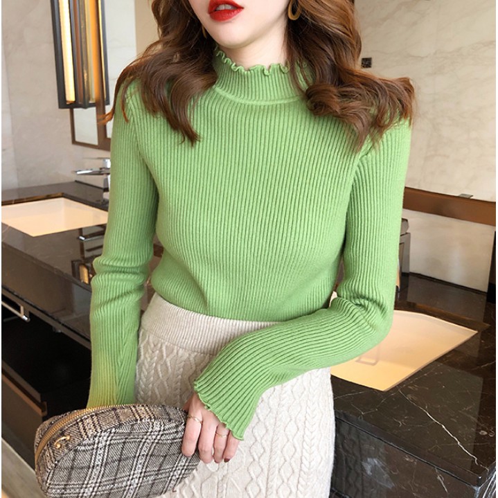 Áo sweater dệt kim màu trơn tay dài xinh xắn cho nữ