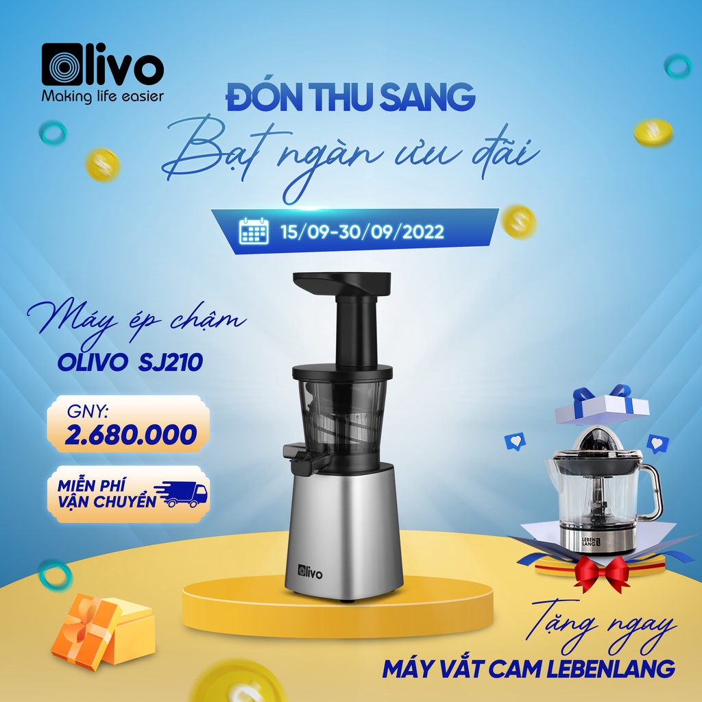 Máy Ép Chậm OLIVO Ép Trái Cây, Làm Kem Nhỏ Gọn Dễ Vệ Sinh, Ép Nhanh Kiệt Bã 97% - BH 24 tháng cho SJ 210, 10 năm SJ 189