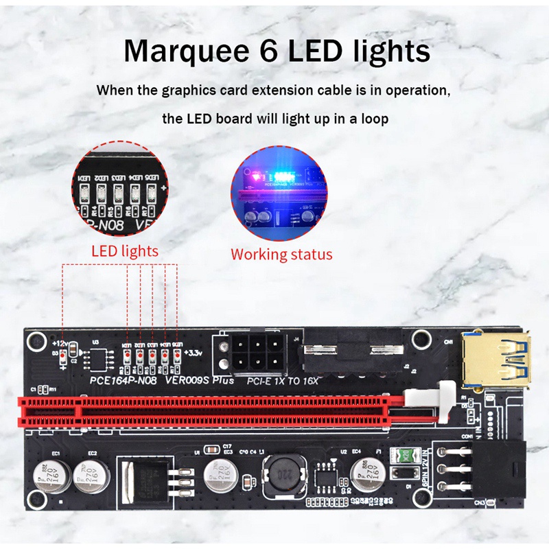 Set 6 thẻ chuyển đổi PCI-E VER009S Plus GPU PCIE Card PCI E X16 sang X1PCI Express 6Pin sang SATA USB3.0 có đèn LED | WebRaoVat - webraovat.net.vn