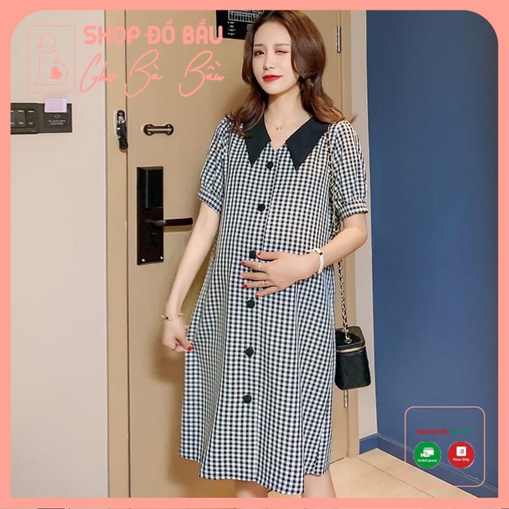Váy bầu công sở thiết kế - đầm bầu suông màu kẻ cổ đen size tới 100kg HD24 Mumshop