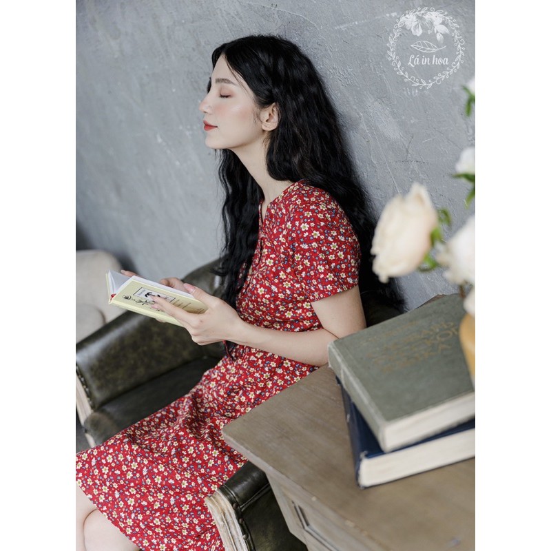 Váy Hoa Đỏ Thắt Eo Dáng Xoè Mùa Hè Lá In Hoa | BigBuy360 - bigbuy360.vn