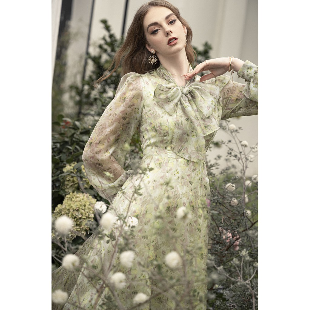 Đầm xòe cổ tim , cổ thắt nơ, tay bồng EMPSO DL4017