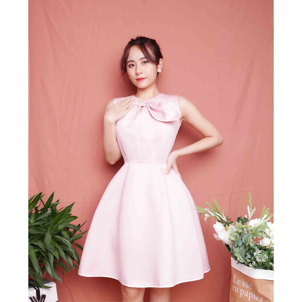 Đầm dự tiệc xòe hồng cánh sen thiết kế sang trọng sát nách thời trang phối nơ cổ hợp đi tiệc đi chơi - Lux W