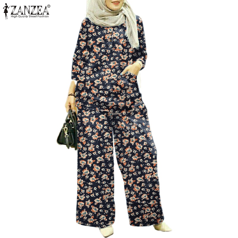 Zanzea Set Áo Tay 3 / 4 Phối Túi + Quần ống rộng Lưng Thun Thời Trang Nữ