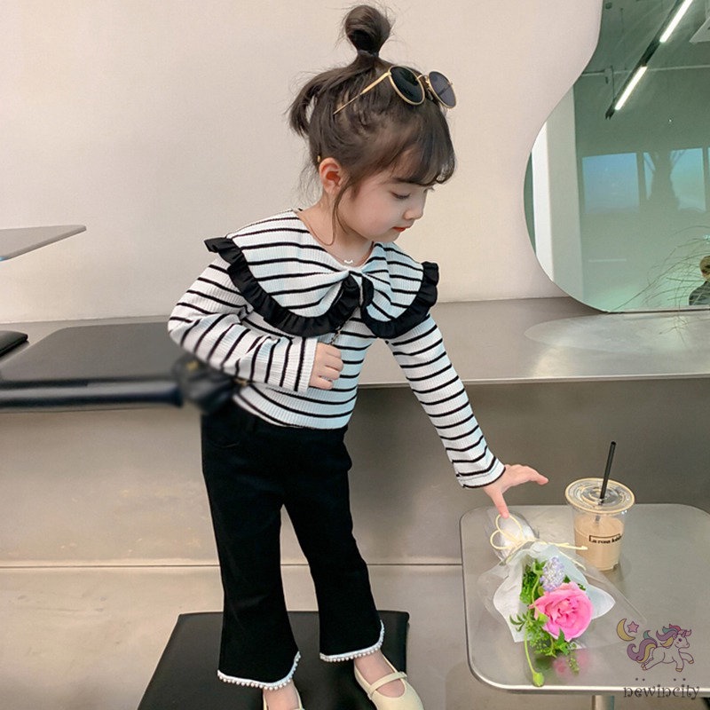 Áo Sơ Mi Tay Dài Cổ Búp Bê Họa Tiết Kẻ Sọc Đính Nơ Dễ Thương Thời Trang Mùa Thu Phong Cách Hàn Quốc Cho