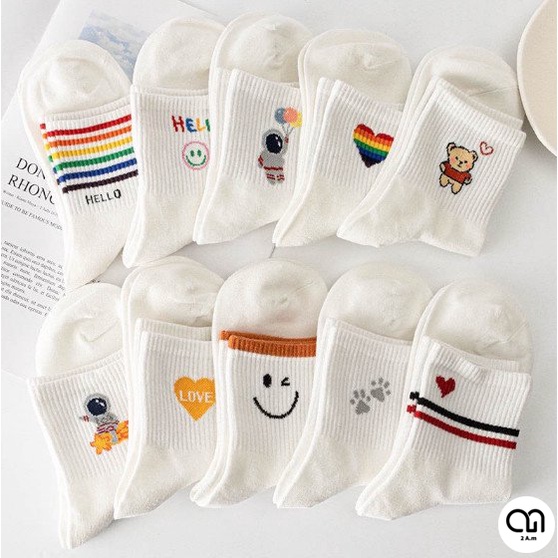 Tất Vớ Cổ Cao Nữ Tông Trắng Dễ Thương Họa Tiết Phi Hành Gia Chất Liệu Cotton Đẹp Thời Trang
