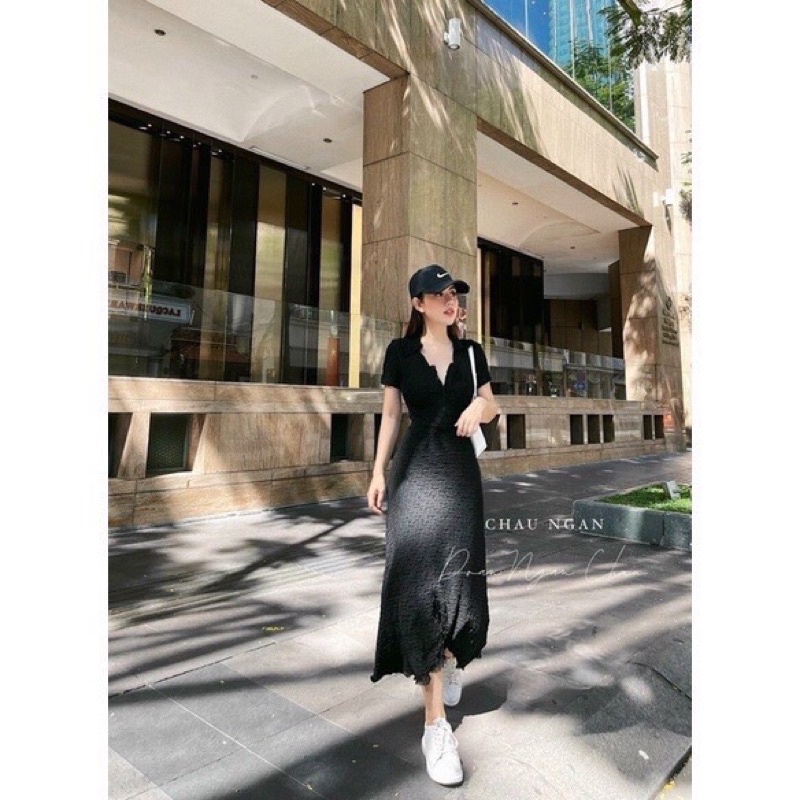Đầm midi xốp nhăn body cổ polo ⚠️Y sàn_Giá mềm☘️