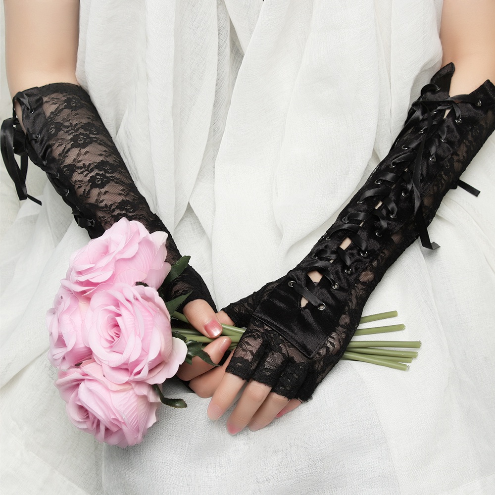 MELODG 1 Pair Women Halloween Gloves Party Cosplay Lace Gloves Punk Gothic Mittens New Fashion Night Club Long Ritual Dance Fingerless Silk Ribbon