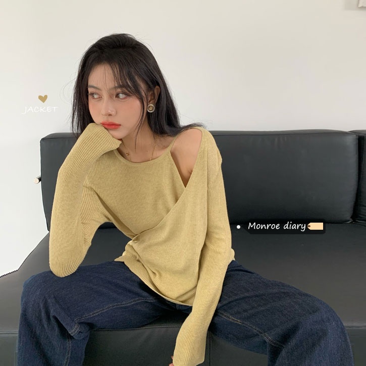 Áo len dài tay hở vai giả hai lớp Z030 #