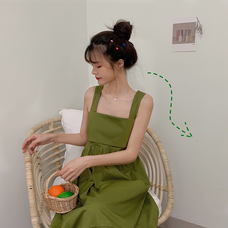 Đầm Hai Dây Hở Lưng Màu Xanh Bơ Phong Cách Ngọt Ngào Thời Trang Mùa Hè