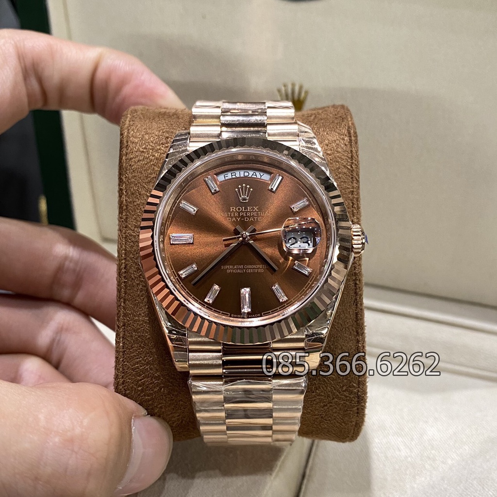 Đồng hồ nam Rolex cơ Automatic máy nhật mẫu Classic 2 lịch nâu cafe cọc số đá trắng size 36-40mm