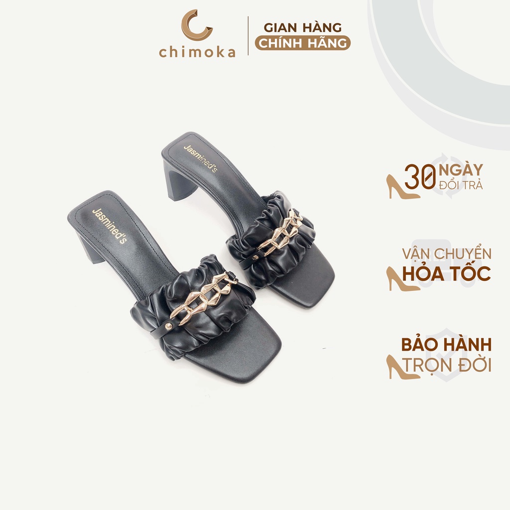 Guốc Nữ Cao Gót Quai Ngang Bèo Phối Xích CHIMOKA Cho Nữ Cao 7cm Hai Màu Đen Trắng hiện Đại 4812