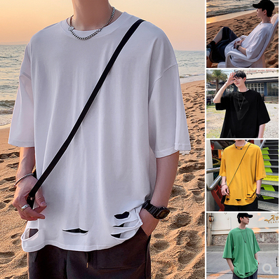 Áo phông Unisex rộng tay ngắn thiết kế lỗ phong cách cá tính thời trang mùa hè có 4 màu size M-5XL