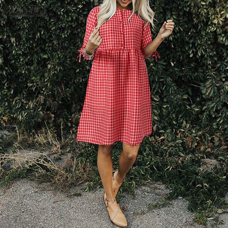 Đầm Midi Zanzea tay lửng họa tiết caro phong cách châu Âu cổ điển thời trang cho nữ