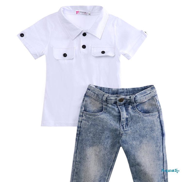 Set áo sơ mi denim dài tay cổ bẻ + Quần jeans dài thời trang cho bé trai