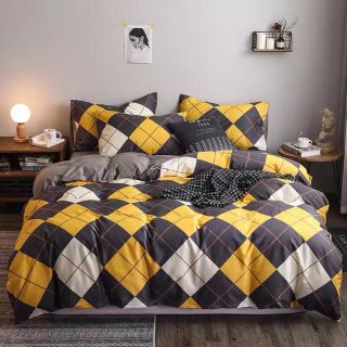 Bộ chăn ga gối poly cotton trám vàng xám trắng