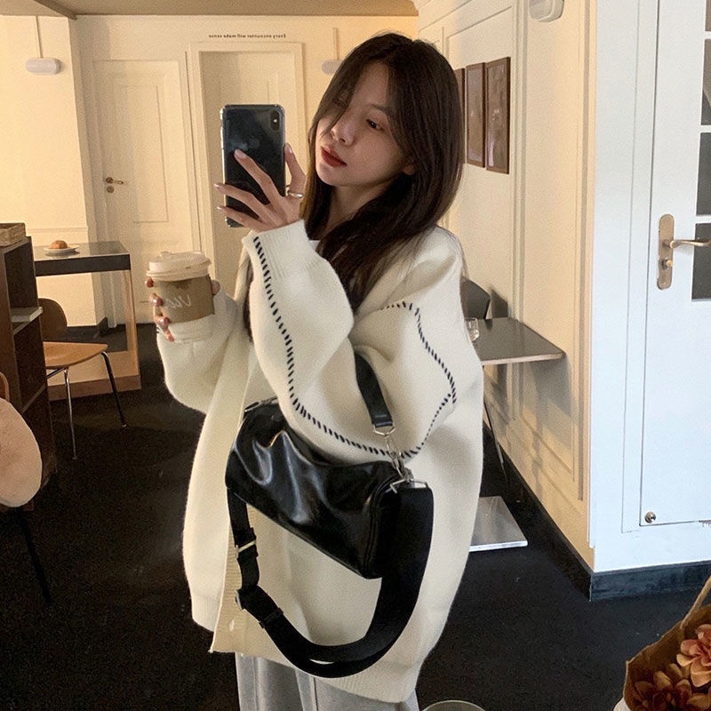 Áo khoác cardigan dệt kim màu trắng dáng rộng phong cách Hàn Quốc thu đông hàng mới dành cho bạn nữ
