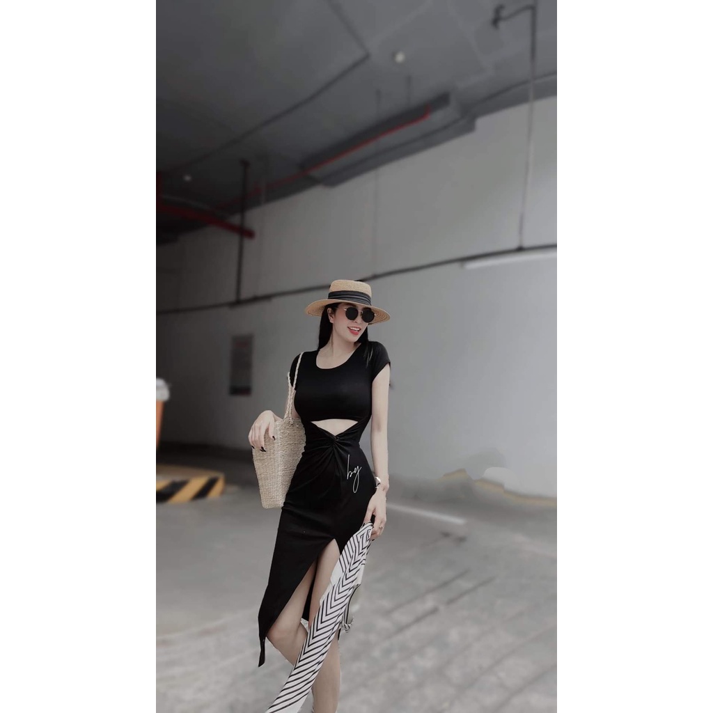 Đầm ôm body cổ tròn tay ngắn khoét nhún eo xẻ tà bên quyến rũ, váy ôm body xẻ tà bên chất thun gân ôm dáng MIDORI247