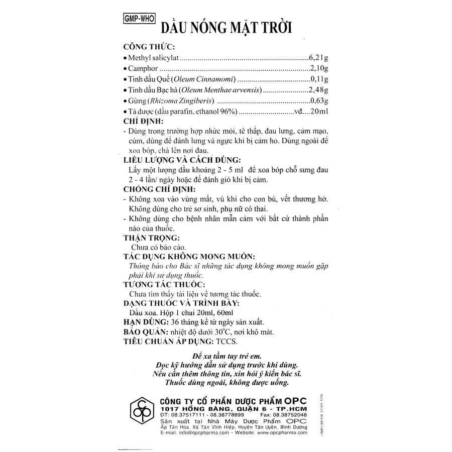 Dầu nóng mặt trời OPC - Dầu xoa bóp khi nhức mỏi, tê thấp, đau lưng