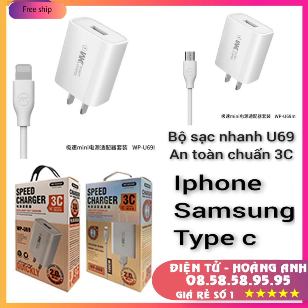 Bộ củ + cáp sạc WK U69, 25W chính hãng sạc nhanh an toàn phù hợp mọi điên thoại cho điện thoại Android,Iphone